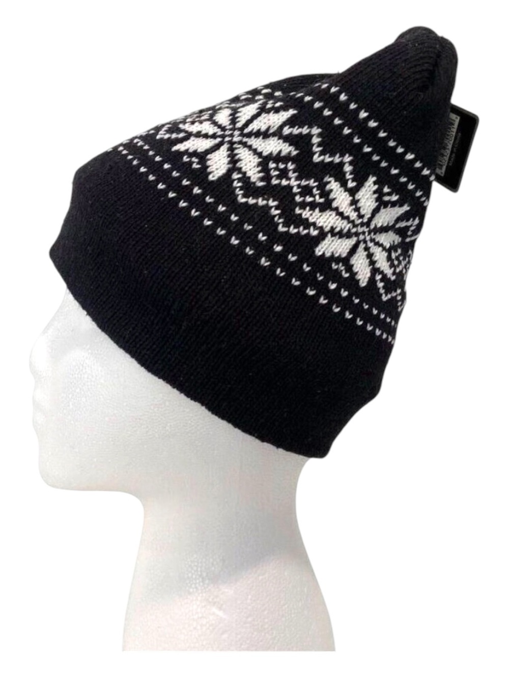 Winter Snowflake Knit Hat Black & White Wool/Acrylic Fleece Lined Beanie unisex